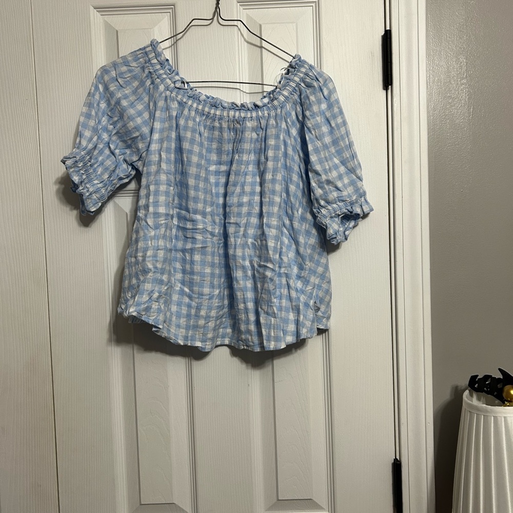 Crown & Ivy Blue Gingham Off-Shoulder Top